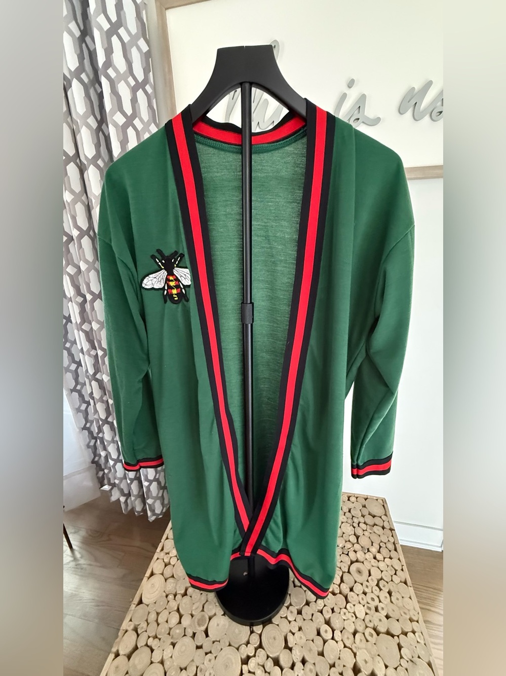 VINTAGE/Green Open-Front Men's Raincoat with Red-Trim Bee Accent